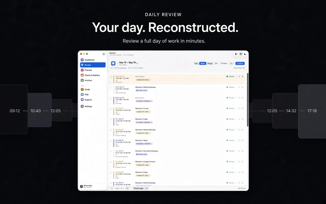 Daily review: your day, reconstructed into blocks.